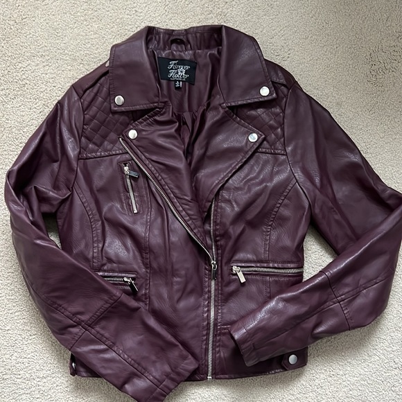Forever Flower Jackets & Blazers - Burgundy Faux Leather Moto Jacket
